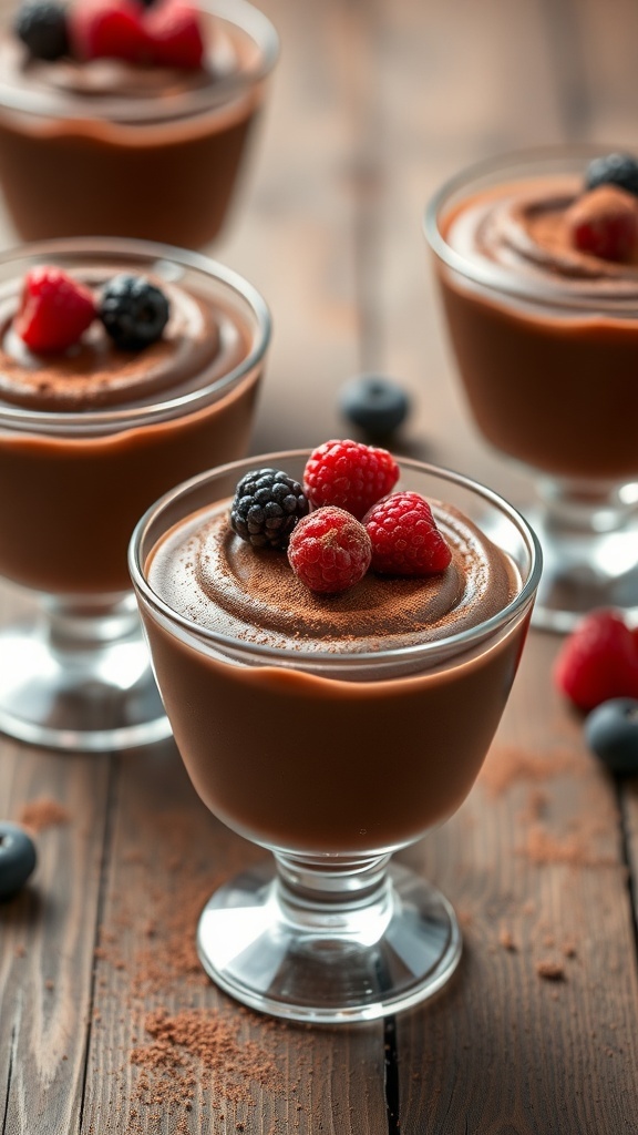 Delicious Zero Carb Chocolate Mousse Recipe Delicious chocolate mousse in glass cups, garnished with cocoa powder and berries.
